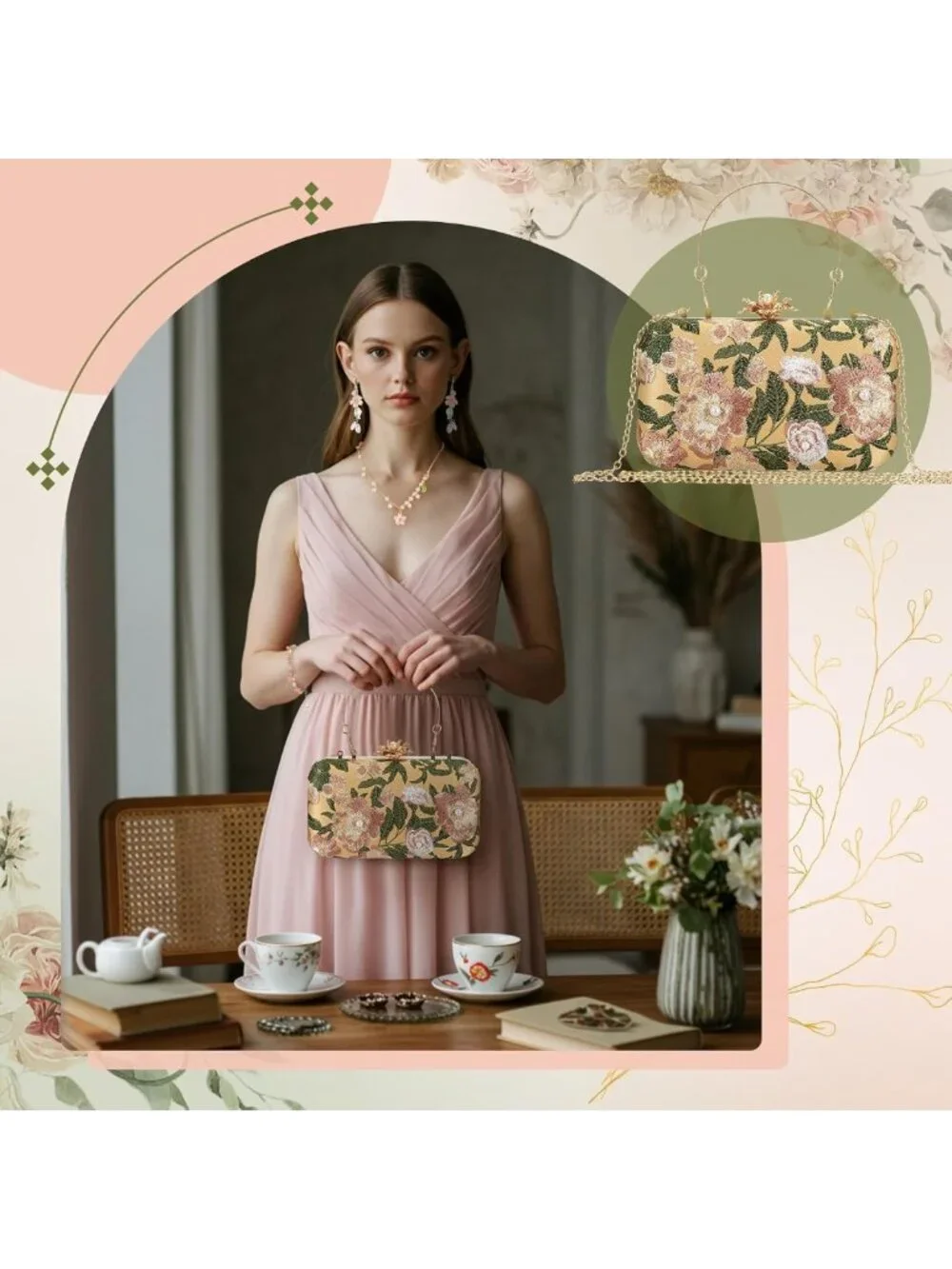 Floral Embroidered Clutch & Jewelry Set for Women - Elegant Accessories for Any